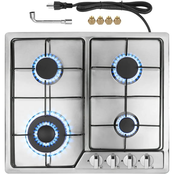 TYEMUI 24 Inch Built-in Gas Cooktop, Estufa de Gas 4 Hornillas Stainless Steel 4 Burner Propane Kitchen Stove, Convertible Gas Stoves for Kitchen NG/LPG Dual Fuel with Electronic Pulse Ignition