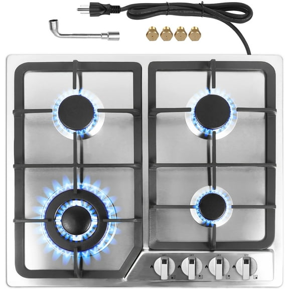 TYEMUI 24 Inch Built-in Gas Stove with 4 Burners, Stainless Steel Gas Cooktop with Cast Iron Racks, NG/LPG Compatible Kitchen Gas Stove for Home RVs