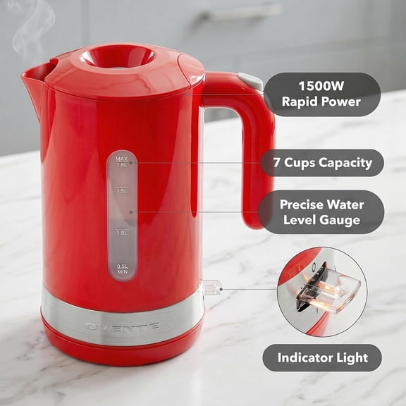 TYFRW-1.8L Electric Kettle, 1500W Fast Boiling Heater for Coffee or Tea, BPA Free, Easy to Fill Lid, Water Level Window, Auto Shut-Off, Boil-Dry Protection and Removable Filter, Red KP413R