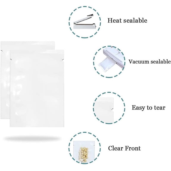TYFRW-100Pcs 4.7x7.1 inch(Usable Size 4.3x6.7 inch) White Front Clear Open Top 2.8mil Plastic Vacuum Pouch Heat Sealable Bags for Food Storage Packets Mini Sample with Tear Notches