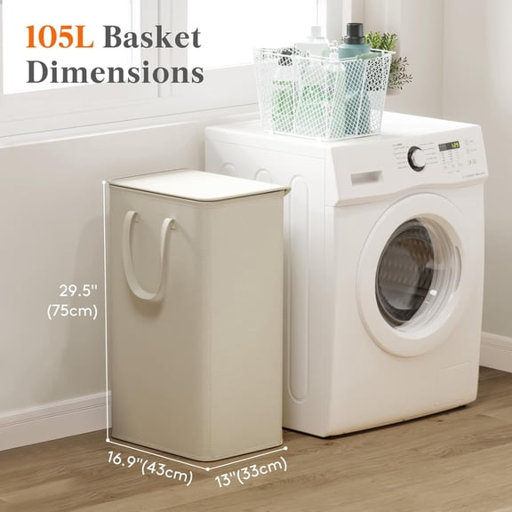 TYFRW-105L Large Big Laundry Hamper, Laundry Basket with Lid, Dirty Collapsible Clothes Storage with Easy Carry Extended Handles, Tall Hampers for Bedroom Laundry Room, White, 1 Pack