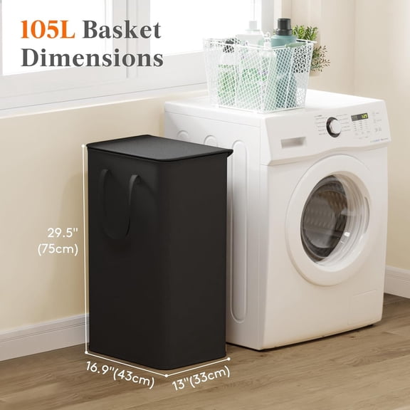 TYFRW-105L Large Big Laundry Hamper, Laundry Basket with Lid, Dirty Collapsible Clothes Storage with Easy Carry Extended Handles, Tall Hampers for Bedroom Laundry Room, White, 1 Pack