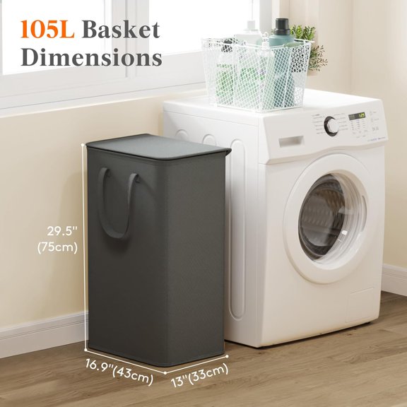 TYFRW-105L Large Big Laundry Hamper, Laundry Basket with Lid, Dirty Collapsible Clothes Storage with Easy Carry Extended Handles, Tall Hampers for Bedroom Laundry Room, Gray, 1 Pack