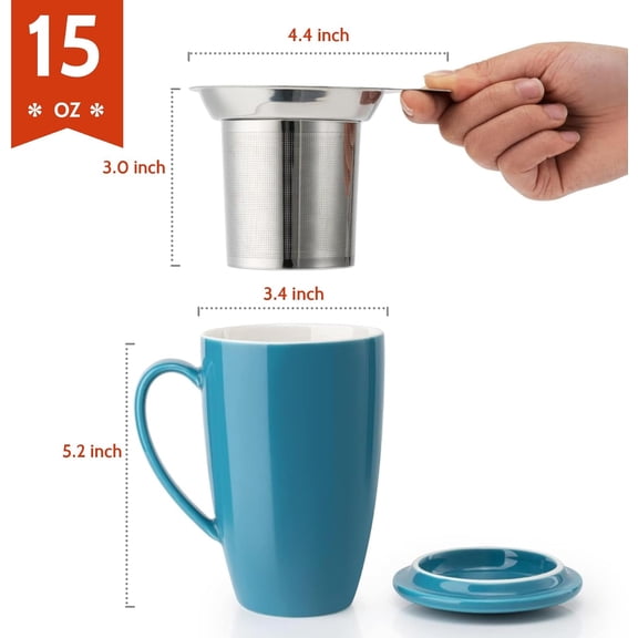 TYFRW-15 OZ Porcelain Tea Mug with Infuser and Lid, Loose Leaf Tea Cup, Gifts for Tea Lover, Steel Blue