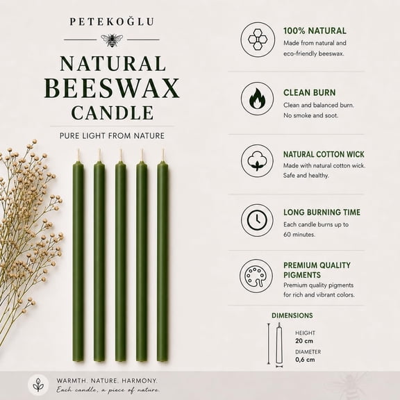 TYFRW-15-Pack Beeswax Wish Candles Handcrafted, Drip-Free, Smoke-Free Slim Taper Candles for Rituals, Meditation, Birthday & Home Dcor Natural Honey Scent 7.87 x 0.24 (Green)
