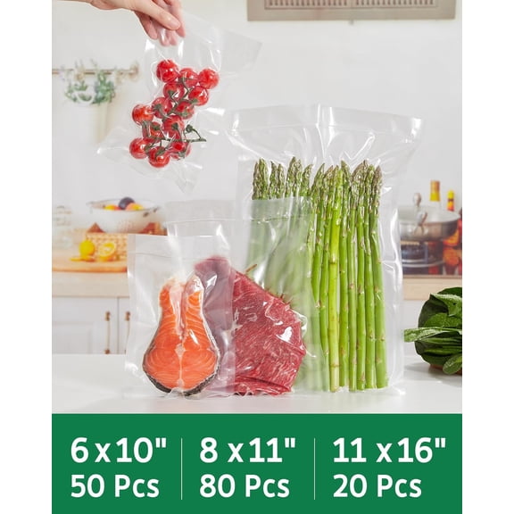 TYFRW-150 Count Vacuum Sealer Bags, 20 Gallon 11" x 16" and 80 Quart 8" x 12" and 50 Pint 6" x 10" for Seal a Meal, BPA Free Heavy Duty Precut Bags, Food Vac Bags for Storage, Meal Prep or Sous Vide