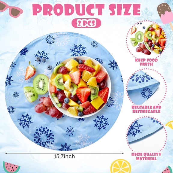TYFRW-2 Pcs Reusable Freezable Ice Mat Buffet Chilled Serving Tray 15.7'' Round Charcuterie Chilling Mat PVC Foldable Cooling Charcuterie Cooler for Food Cheese Picnics Party(Blue,Snowflake)