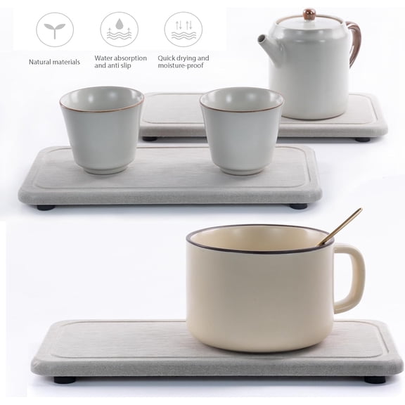 TYFRW-2 Pcs Water Absorbing Stone Trays, Kitchen/Bathroom Sink Soap Dish, Diatomite Tray Used for Hand Soap & Cosmetic Bottles in The Modern Home, 4" W x 8.3" L, Gray