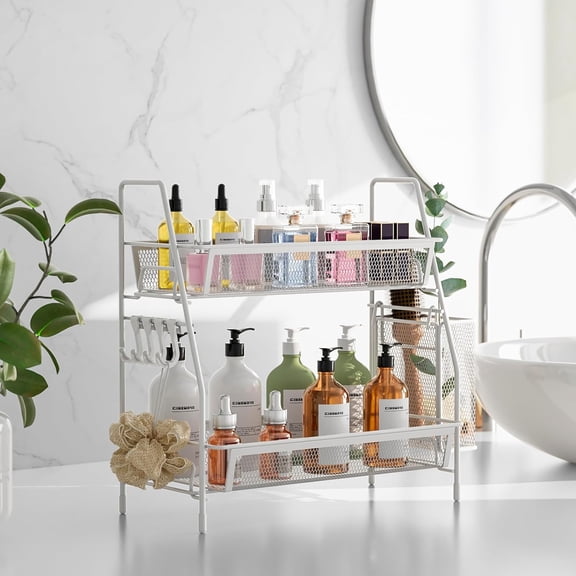 TYFRW-2-Tier Bathroom Organizer Countertop, Metal Wire Mesh Bathroom Counter Organizer Storage with Basket Hooks, Vanity Tray Shelf, Kitchen Spice Rack, Small White