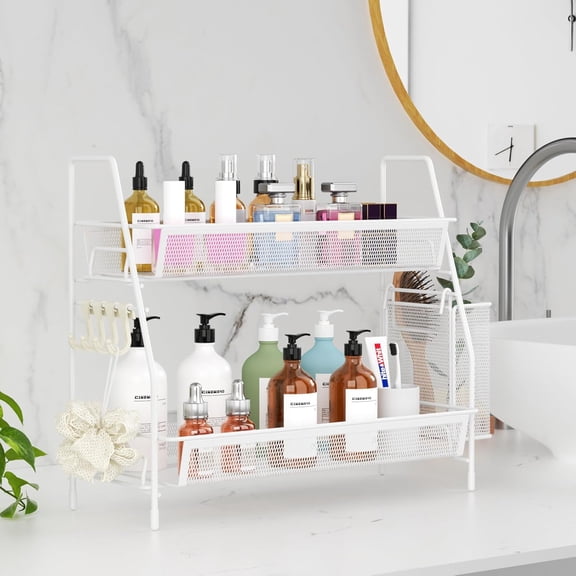 TYFRW-2-Tier Bathroom Organizer Countertop, Metal Wire Mesh Bathroom Counter Organizer Storage with Basket Hooks, Vanity Tray Shelf, Kitchen Spice Rack, White