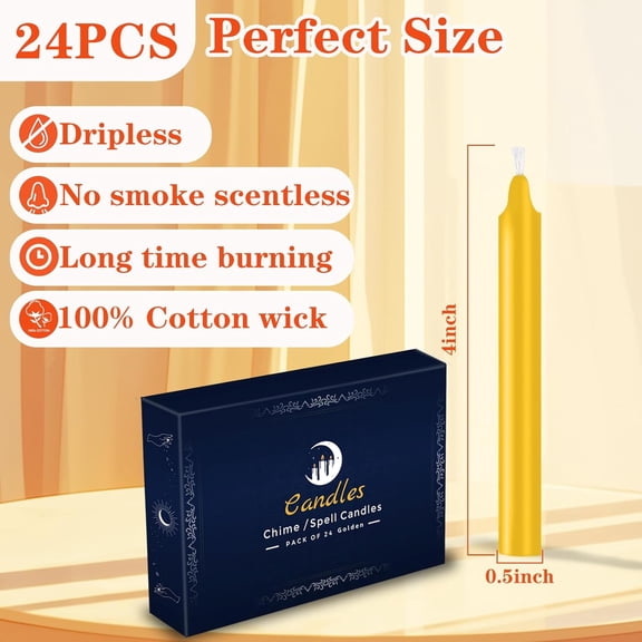 TYFRW-24 Pack Golden Spell Chime Candles Premium Mini Unscented Taper Candles for Rituals, Prayer, Birthdays, Meditation, Altar, Spells, Chime Candles - 4 Inch Tall - Ideal for Witches