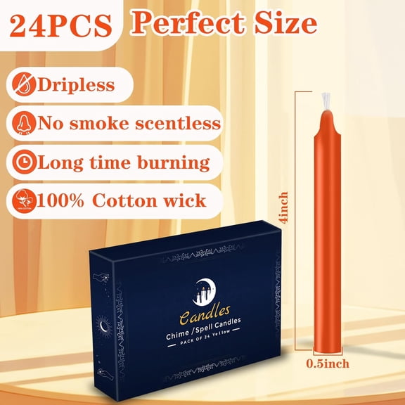 TYFRW-24 Pack Orange Spell Chime Candles Premium Mini Unscented Taper Candles for Rituals, Prayer, Birthdays, Meditation, Altar, Spells, Chime Candles - 4 Inch Tall - Ideal for Witches