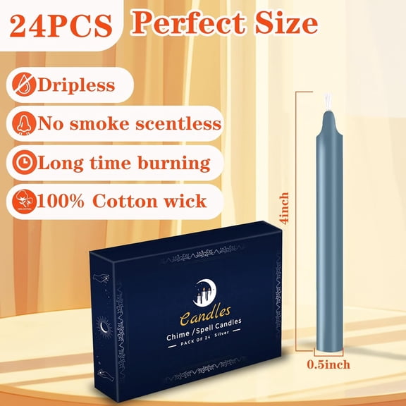 TYFRW-24 Pack Silver Spell Chime Candles Premium Mini Unscented Taper Candles for Rituals, Prayer, Birthdays, Meditation, Altar, Spells, Chime Candles - 4 Inch Tall - Ideal for Witches