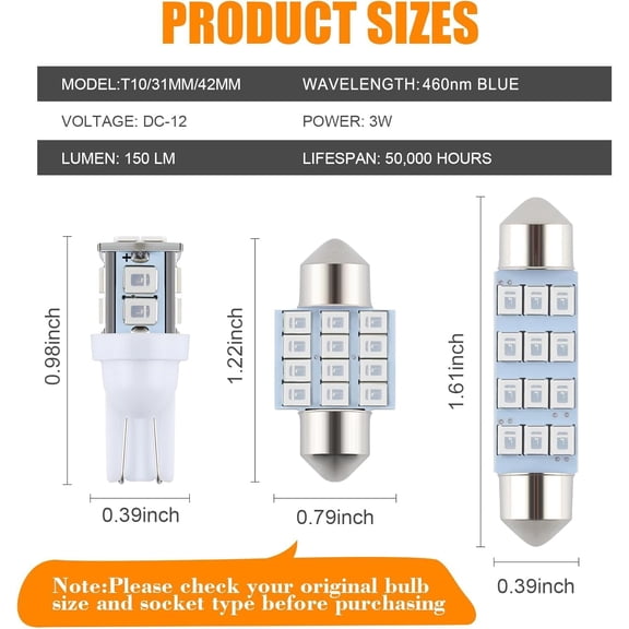 TYFRW-24 Pieces Dome Light LED Car Interior Bulb Kit Set 194 T10 DE3175 578 31mm 42mm Bulbs Interior Replacement Lights for Car Map License Plate Door Side Marker Cornering Trunk Light - Blue