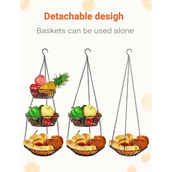 TYFRW-3 Tier Hanging Basket with Sturdy Metal Chain Hanging Hooks Fruit and Vegetable Basket Heavy Duty Wire Organizer Space Saving Rustic Country Style Kitchen Storage