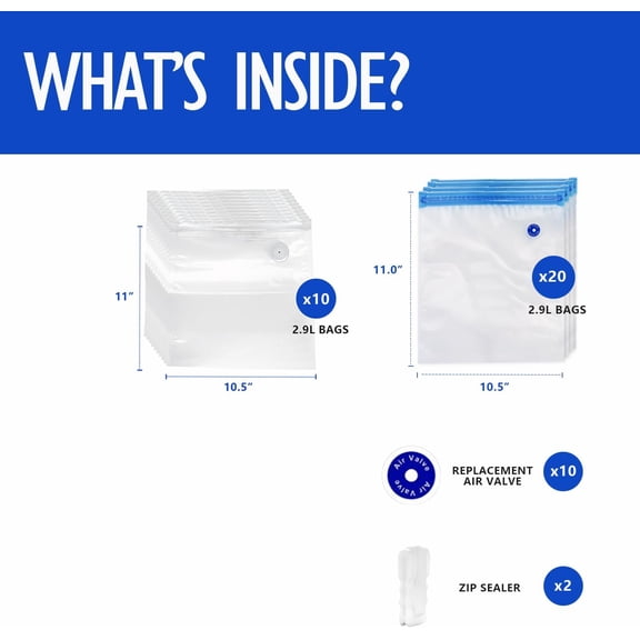TYFRW-30 Vacuum Zipper Bags, Vacuum Sealer Bags, Food Storage, Reusable Bags, with Double Layers, BPA Free, 2.9L, 11.0 x 10.5"20 Blue Classic+10 White Upgraded 
