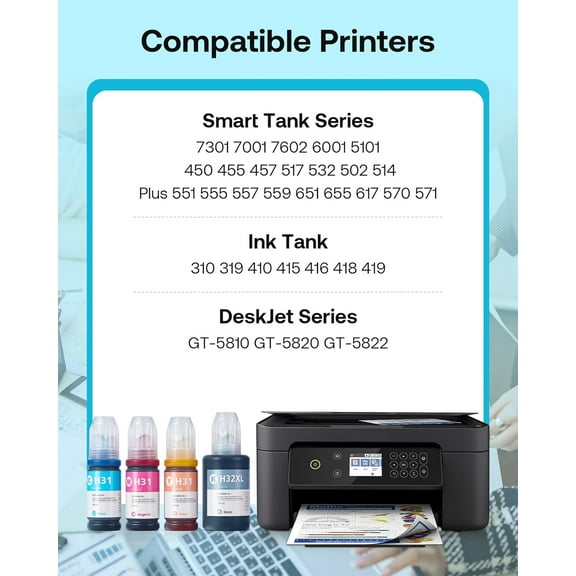 TYFRW-31 32XL Ink Bottle Refill Kit Compatible for HP Smart Tank 5101 7301 7602 7001 6001 Plus 551 651 455 457 450 All-in-One Ink-Tank Printers, 4-Pack (140ML 32XL Black Ink, 70ML 31 Color Ink)