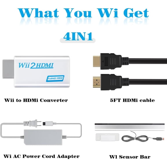 TYFRW-4 in 1 Wii Replacement Cables SetWii to HDMI ConverterWii Power Cord AC AdapterWii Sensor Bar Wired Plus Infrared Sensor Bar, 5ft High-Speed HDMI Cable Compatible with Wii & Wii U