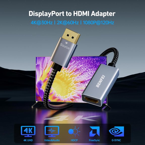 TYFRW-4K DisplayPort to HDMI Adapter Cable, (2K 60Hz, 1080p 120Hz) Uni-Directional Display Port to HDMI Monitor Converter Compatible for HP, Dell, GPU, AMD, NVIDIA, More. Male to Female