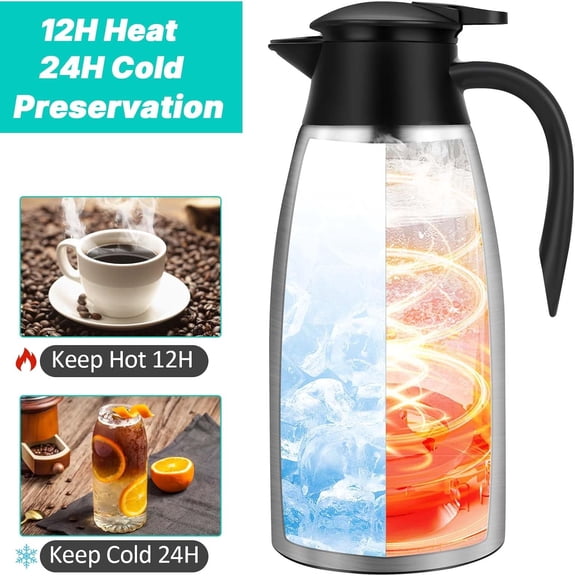 TYFRW-68OZ Thermal Coffee Carafes for Keeping Hot, 2 Liter Stainless Steel Thermal Carafe, Double Wall Vacuum Insulated Pitcher Tea Pot for Coffee Tea Keep Hot 12 Hours, Silver