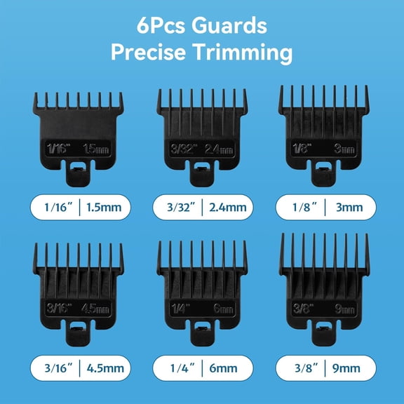 TYFRW-6Pcs Hair Clipper Guards Compatible with Baybliss FX787 and Andis T Outliner G, GO, GTO, ORL, LS2, LS3, PLS, PMT-1, RT-1, SLII, Trimmer Guards Replacement - 1/16" to 3/8", Black Color