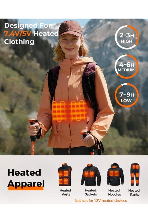-7.4V 5V Heated Vest Battery Pack Compatible with ORORO, with Venustas, 12000mAh Battery Pack for Heated Vest, Rechargeable Power Bank for Heating Vests, Jackets, Pants with DC/USB/USB-C Output