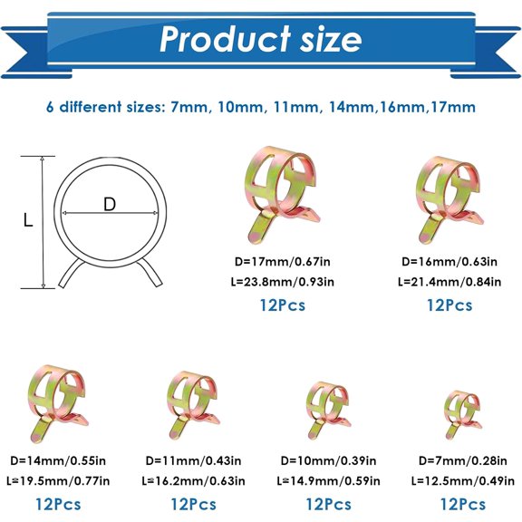 TYFRW-72Pcs Spring Hose Clamps Fuel Line Silicone Vacuum Hose Low Pressure Air Clamps & Sleeving Automotive Replacement Fastener Assortment Kit 6 Sizes (7mm 10mm 11mm 14mm 16mm 17mm)