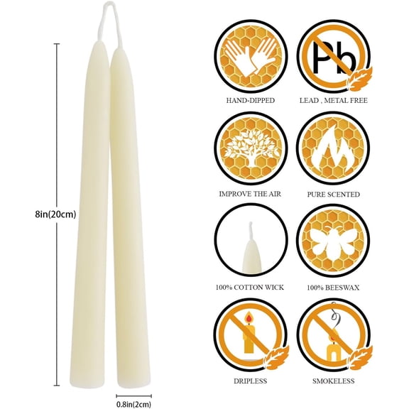 TYFRW-8'' Natural White Beeswax Taper Candles Set of 2, Smokeless and Dripless Beeswax Candles, 6-7Hrs Burn Time