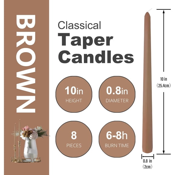 TYFRW-8 Pack 10 Inch Brown Taper Candles for Dinner Home Decor Wedding Shower