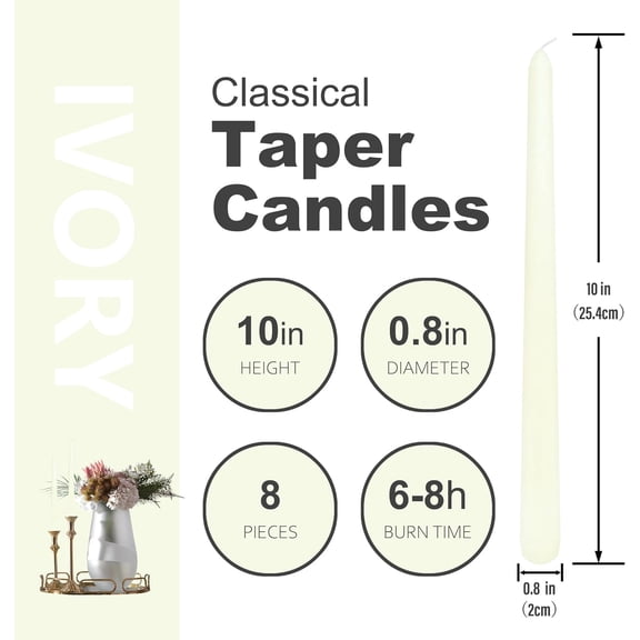 TYFRW-8 Pack 10 Inch Ivory Taper Candles Long Burning Time and Dripless Candles For Dinner Home Decor Wedding Shower