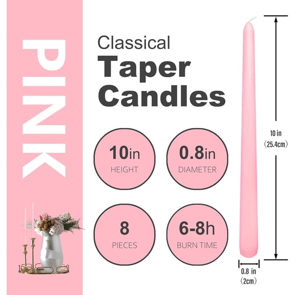TYFRW-8 Pack 10 Inch Pink Taper Candles Long Burning Time and Dripless for Dinner Home Decor Wedding Shower