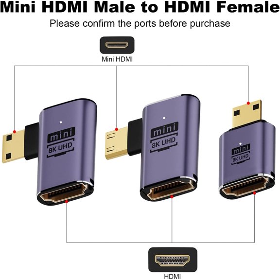 TYFRW-8K Mini HDMI to HDMI Adapter (3 Pack), 90 Degree Left and Right Angle Mini HDMI Male to HDMI Female Cable for Raspberry Pi Zero, DSLR Camera, Camcorder, HDTV, Projector, Laptop and Tablet