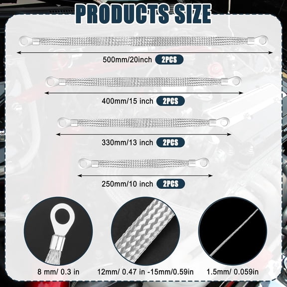 TYFRW-8pcs Ground Straps, 10/13/15/20 inch Grounding Strap Professional Vehicle Engine Grounding Strap Copper Braided GroundStrap Automotive Ground Straps Wire GroundStrap for Most Cars (Silver-Thic