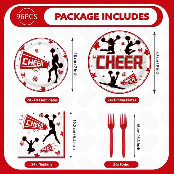 TYFRW-96Pcs Cheer Party Decorations Cheerleader and Loudspeaker Plates and Napkins Red Black White Sports Gymnastics Tableware Set for Girls' Cheer Birthday Ceremony Graduation Party Supplies Serves