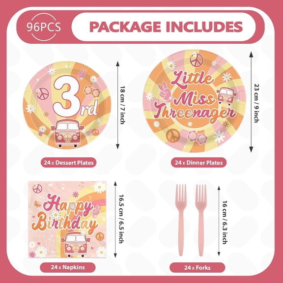 TYFRW-96Pcs Groovy 3rd Birthday Party Decorations Hippie Boho Plates and Napkins Disposable Little Miss Threenager Tableware Sets for Girls 3 Year Old Birthday Hippie Boho Party Supplies, Serve 24