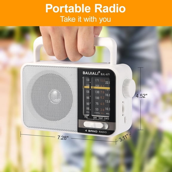 TYFRW-AM FM SW Portable Radio - Dual Power (Battery/USB) Emergency Receiver with Loudspeaker, Transistor Design for Indoor/Outdoor, Travel & Survival Kit Ready (White, BJL-671)