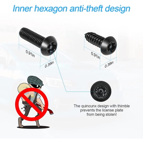 TYFRW-Anti Theft License Plate Screws Kits- Rustproof Stainless Steel Car Tag Plate Mounting Hardware, M6 (1/4") Tamper Proof Fastener Nut, Caps Cover for Front Rear Frame Holder MountingAT-Black/8