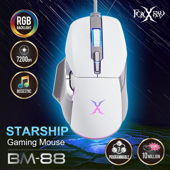 TYFRW-BM-88 RGB Gaming Mouse, 7200 DPI, Musicsync Backlit, Wired Optical Mouse with 7 Programmable Buttons, 13 Lighting Effects, Braided Cable, Gaming Mouse for PC/Laptop - White