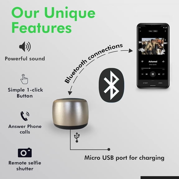 TYFRW-Best Mini Portable Bluetooth Speaker with HD Sound & Bass I Smallest Wireless Bluetooth Speakers for Phone/PC/Tablet I Photo Selfie Button Answer Phone Calls I Cute Tiny Speaker, Gold