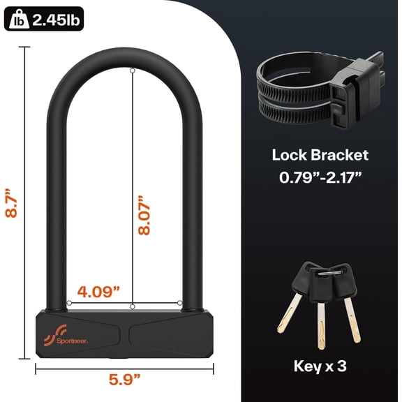 TYFRW-Bike Lock - 16mm Shackle Heavy Duty Anti Theft Bike U Lock with 3 Keys - Bicycle U-Locks with Sturdy Mounting Bracket for Bike Scooter Gate, Size 8.7''x5.9'', Weight 2.45lbs