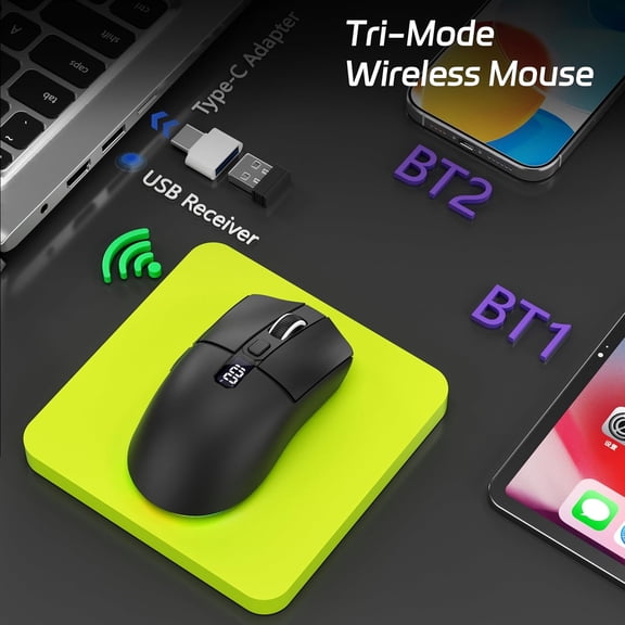 TYFRW-Bluetooth Wireless Mouse, Tri-Mode (2.4G+BT5.0+BT5.1) LED Bluetooth Mouse, USB C Rechargeable with LED Screen Display, 2400 DPI Computer mice for Laptop/PC/Mac/iPad-Black