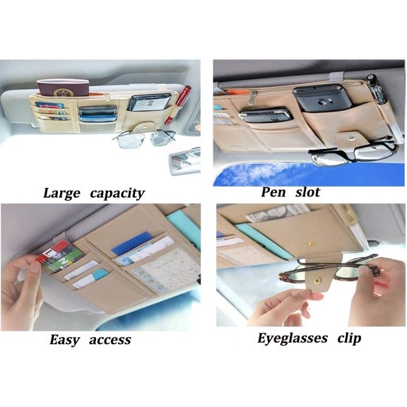 TYFRW-Car Sun Visor Organizer, Auto Car Interior Leather Accessories Storage Pocket Sun Visor Pouch Case Bag for Card License Registration Pen Mobile Phone Bill Note Key Document (Beige)