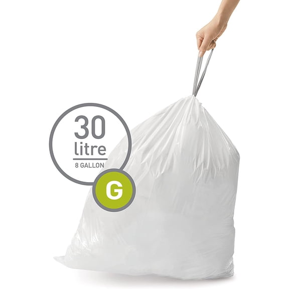 TYFRW-Code G 60 Count Custom Fit Liners, Drawstring Kitchen Trash Bags, One-by-One Mess-Free Dispense, Extra Thick & Double Seamed, 50% PCR Plastic, 30 Liter / 8 Gallon, White