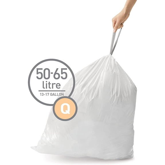 TYFRW-Code Q Custom Fit Drawstring Trash Bags in Dispenser Packs, 20 Count, 50-65 Liter / 13.2-17.2 Gallon, White