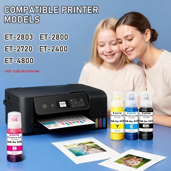 TYFRW-Compatible for 522 Ink Refill Bottles High Capacity Replacement, use for ET2800, ET2400, ET4800, ET2803, ET2720 Printers, Dye Based Ink Print Clear - 400mL BK/C/M/Y (Not Sublimation Ink)