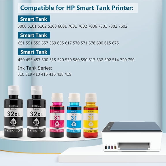 TYFRW-Compatible HP 31 32XL Ink Bottle Set Refill for HP Smart Tank 651 5100 5101 5000 7301 7001 7602 6001 551 7300 5102 7302 7601 6002 5103 755 757 Printer (2BK C M Y)