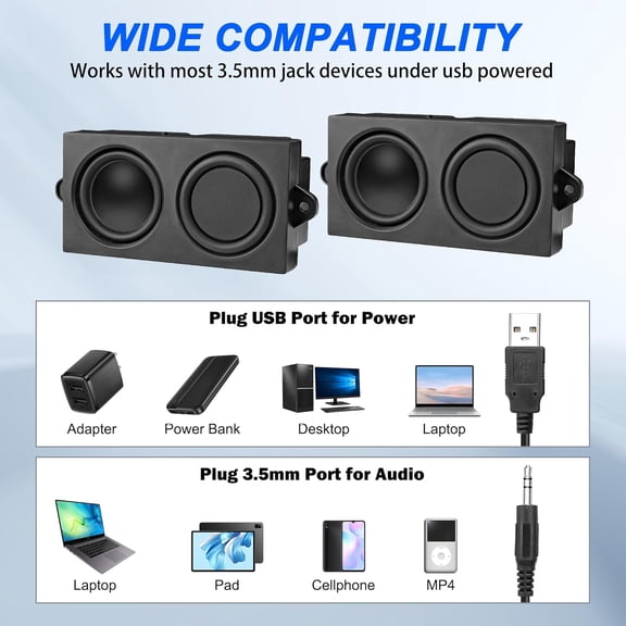 TYFRW-Computer Speakers for Desktop PC Laptop, Mini PC Computer Speaker USB Powered 3.5mm AUX Jack Input with Volume Control, HiFi Stereo PC Loudspeaker for Desktop Tablet (Black, 1.2M)