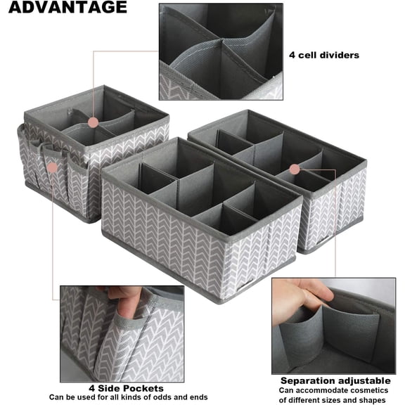 TYFRW-Cosmetic Storage Bins Makeup Organizer, Adjustable Multifunction Storage Box Desk Drawer Divider for Makeup Brushes, Bathroom Countertop or Dresser, Set of 3 (Grey)