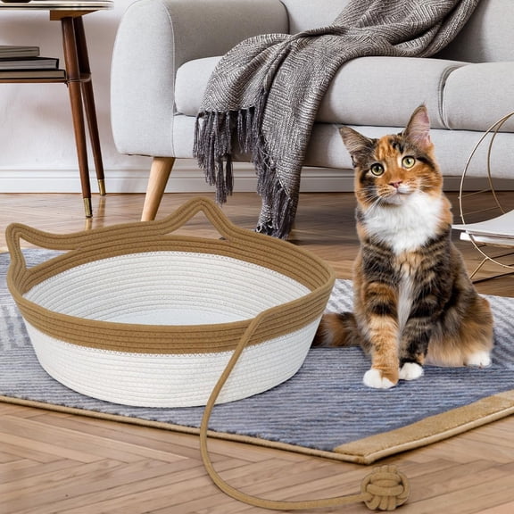 TYFRW-Cotton Rope Cat Bed, Foldable Sleeping Basket with Playing Rope Ball, Hand Woven Small Dogs Sofa Bed, Kitten Shaped House for Pets (Medium, Brown & Beige)