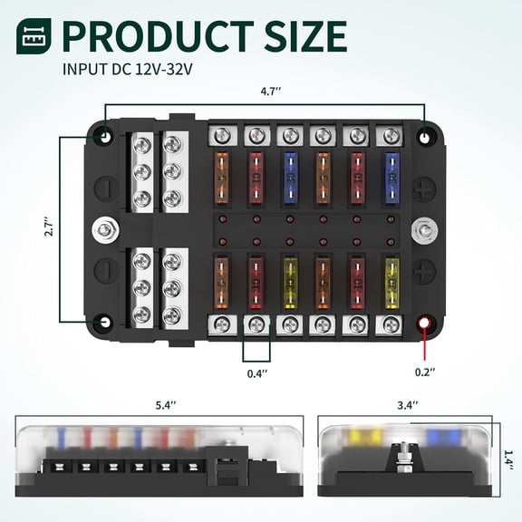 TYFRW-DaierTek 12 Way Fuse Block, 12 Volt Blade Fuse Block with LED Indicator 12 Circuit Fuse Box 12V ATO/ATC Marine Fuse Panel 24V with Waterproof Cover Fuse Terminals for Automotive Boat Car RV